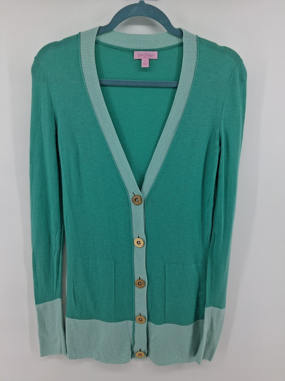 Lilly Pulitzer Teal and Mint Two-Tone V‑Neck Cardigan